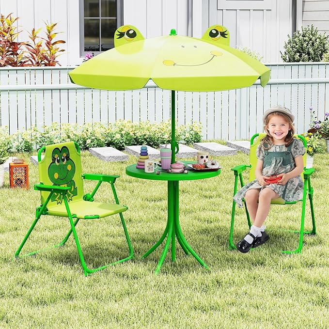 Costzon Kids Picnic Table, Kids Outdoor Table with 2 Folding Chairs, Height Adjustable Umbrella, Portable Children Outdoor Furniture for Patio, Garden, Backyard (Light Green)