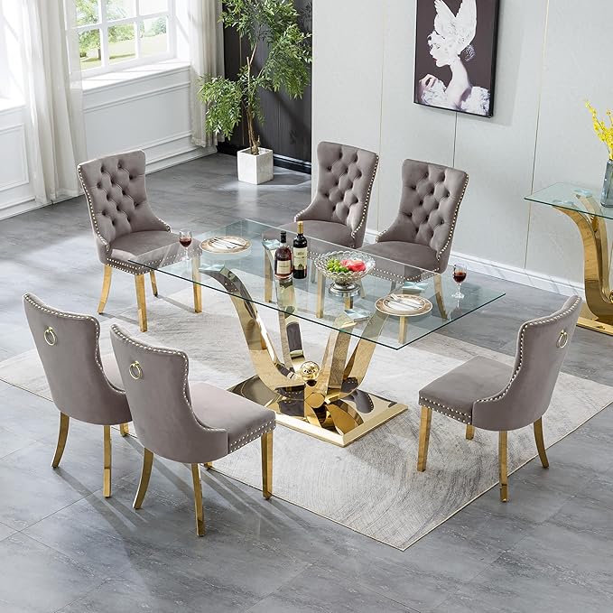 70" Modern Gold Glass Dining Table Set for 6, 7-Piece Rectangle Kitchen Dining Room Table Set with Steel Base & 6 Grey Velvet Upholstered Chairs, Modern Glass Kitchen Table and Chairs Set of 6