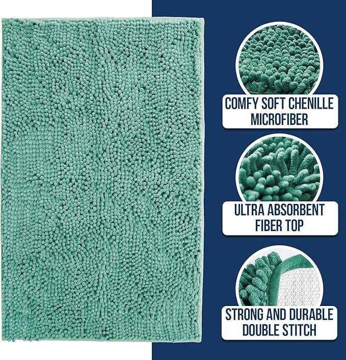 Muddy Mat Chenille Bathroom Rugs Quick Dry Microfiber Mats Non Slip Washable, Extra Thick, Soft and Highly Absorbent Bath Mats for Bathroom, Kitchen, and Shower Floor - Seafoam Green Small 28"X18"