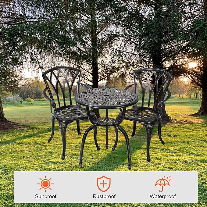 3-Piece Cast Aluminum Patio Bistro Set, Outdoor Rust-Resistant Furniture with 2 Chairs and Table (Bronze)