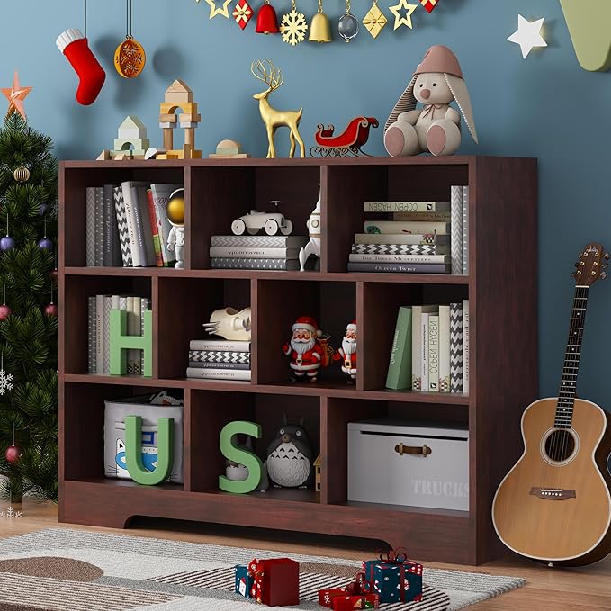 Kids Book Shelf Set of 2, 10 Cubes Storage Organizer Montessori Bookshelf, 3-Tier Wooden Kids Bookcase, Toy Storage Organizer for Children, Cherry Toddler Bookshelf Cube Shelf for Kid’s Room