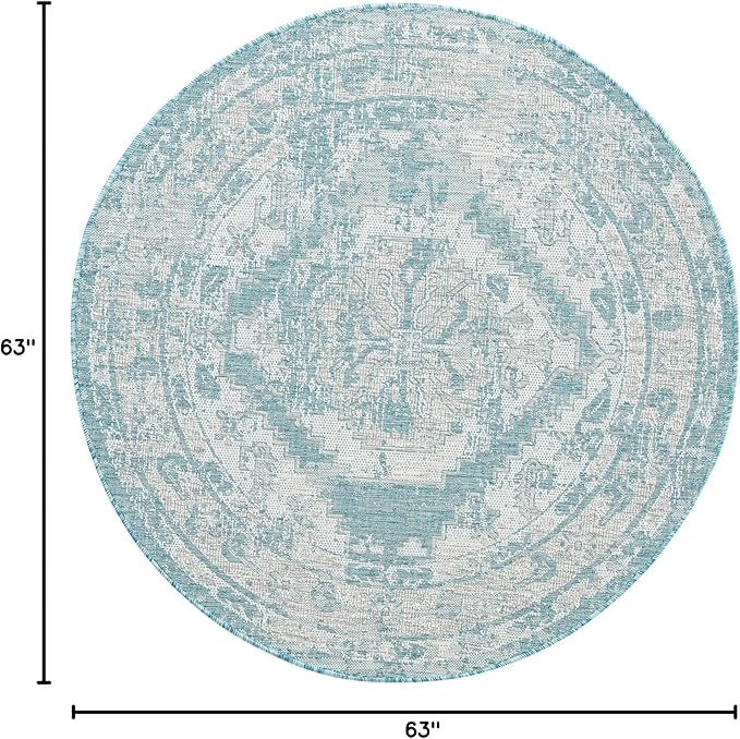 Unique Loom Outdoor Traditional Collection Area Rug - Valeria (5' 3" Round, Aqua/ Ivory)