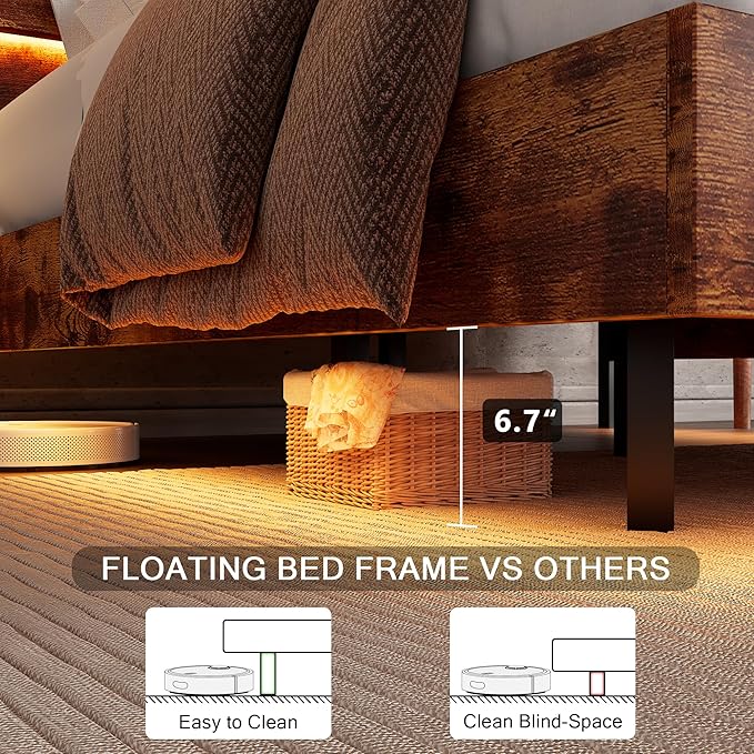 Floating Bed Frame Full Size with Led Headboard and Charging Station, Metal Platform Bed Base with Storage, Remote Control, Heavy Slats Support, No Box Spring Needed, Noise Free, Vintage Brown