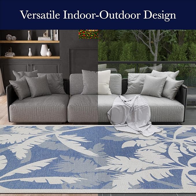 Couristan Monaco Indoor Outdoor Area Rug – Coastal Flora 8'6" x 13' in Ivory Sapphire – Flatwoven, Hose Washable, Pet Friendly Rug for Patio, Porch and Home Decor