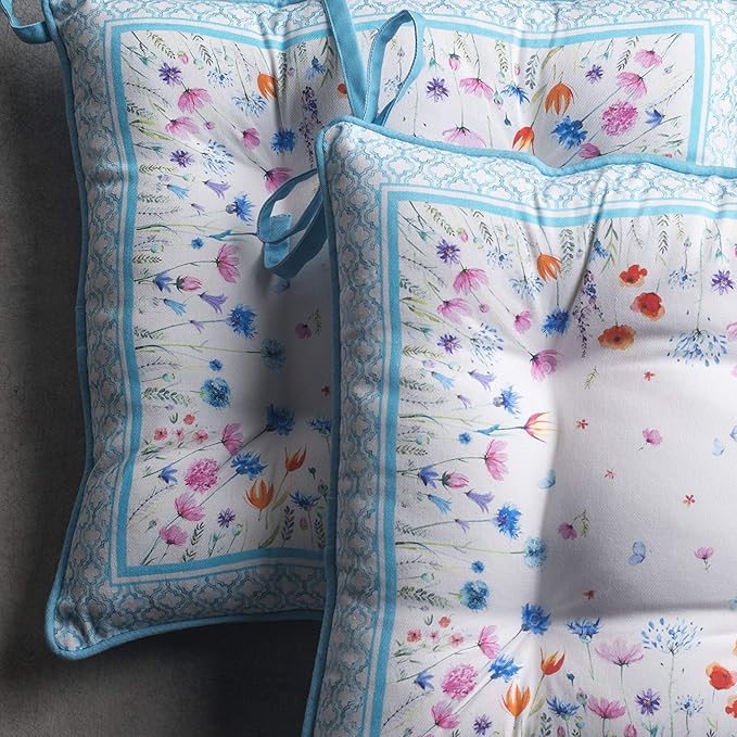 Maison d' Hermine Chair Pads for Dining Chairs Cotton Outer Fabric and Poly Filling 16"x16" Patio Seat Cushions for Furniture with Ties Home Chair Party Hall Farmhouse (Flower In The Field, Pack of 2)