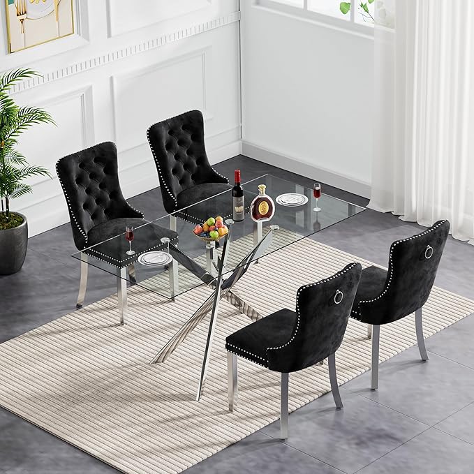 Goujxcy Glass Dining Table Set for 4, Modern Kitchen Table and Chairs Set of 4, 5-Piece Kitchen Dining Room Table Set w/51 Metal Silver Dining Table and 4 Black Velvet Upholstered Chairs
