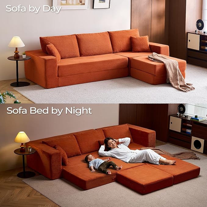 LINSY HOME Modular Sectional Sleeper Sofa Convertible Sofa Bed with 2 Pillows & Ottoman, L Shaped Folding Sofas Corduroy Couch Bed Compression Floor Sofa for Living Room Apartment (Orange)