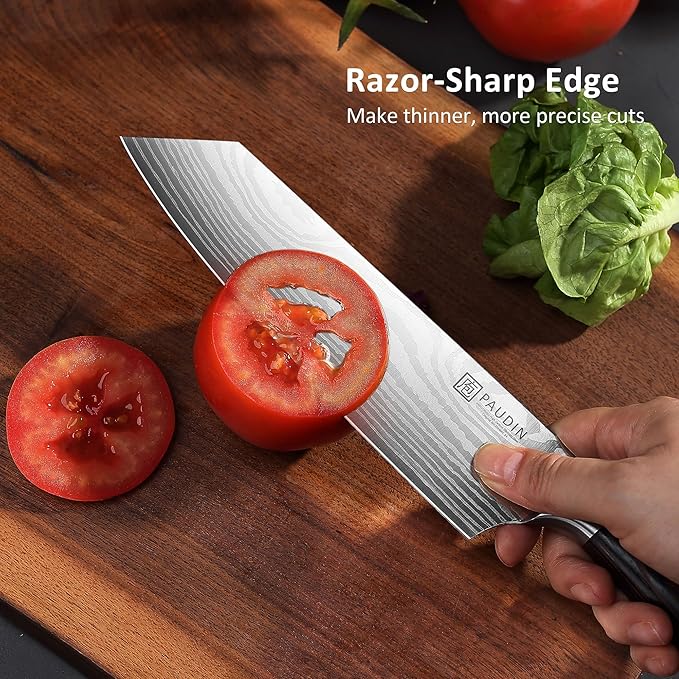 PAUDIN Chef Knife, Sharp High Carbon Stainless Steel Kitchen Knife with Sheath, 8 Inch Professional Santoku knives with Ergonomic Pakkawood Handle, Japanese Chopping Knifes Premium Gift Box