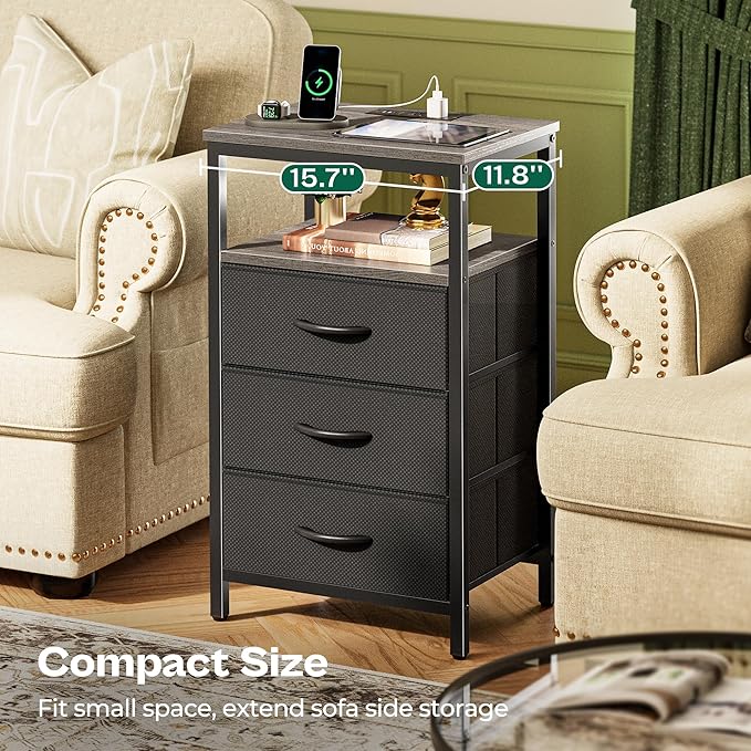 Huuger Night Stand with Charger Station and LED Lights, 3 Drawer Nightstand, Bed Side Table with Open Shelf, End Table, Tall Fabric Dresser for Bedroom, Grey