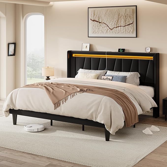 Allewie King Size LED Bed Frame with Charging Station, Velvet Upholstered Platform Bed with Geometric Wingback Headboard, Modern Frame with No Box Spring Needed, Easy Assembly, Black