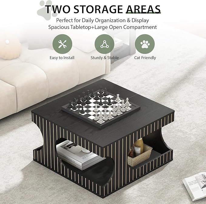 31.5" Square Coffee Table with Storage, Mid-Century Modern Center Table with Arched Cutouts and Carved Lines, 2-Tier Tea Table for Living Room, Cat-Friendly Base (Black)