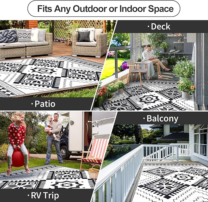 Waterproof Outdoor Rug 8x10ft, Boho Reversible Plastic Straw Mat for Patio RV Deck Porch Backyard Balcony Camping Picnic Beach Indoor Outdoor Carpet, Black&White