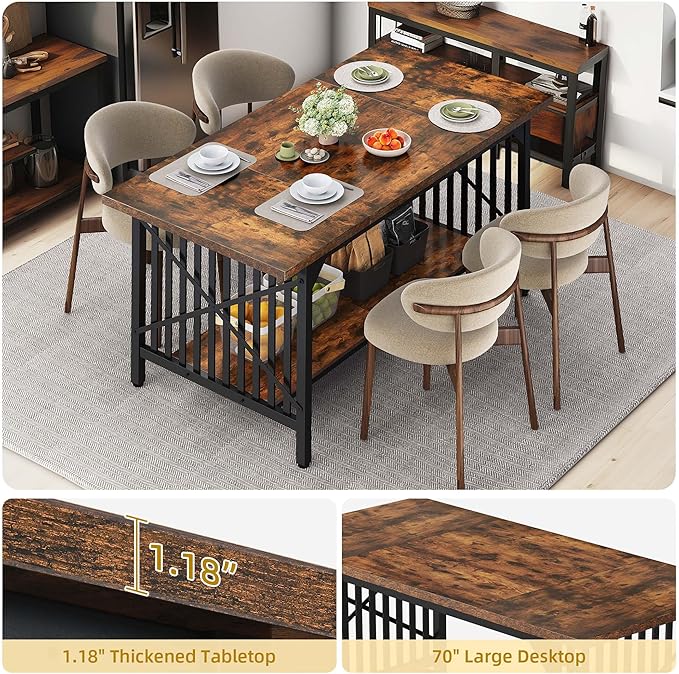 DWVO 70.8" Large Kitchen Dining Table for 6-8 People, Farmhouse Industrial Kitchen Table with Storage, Rectangle Apartment Dinning Room Dinette Tables for Eating Dinner, Rustic Brown