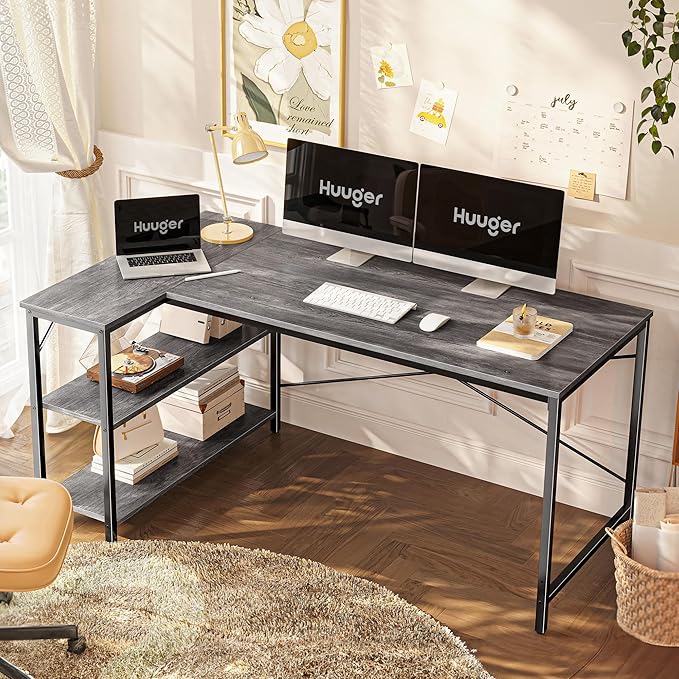 Huuger L Shaped Desk, 55 Inches Computer Desk with Reversible Storage Shelves, for Gaming Corner Home Office Writing Study, Metal Frame, Gray