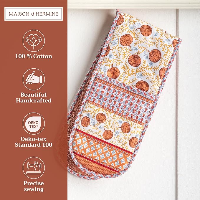 Maison d' Hermine Double Oven Mitt (7" x 35") 100% Cotton Heat Resistant BBQ Cooking Gloves with Loop for Thanksgiving Christmas Decorations Baking Cooking Barbeque Handling Hot Pan (Harvest Festival)