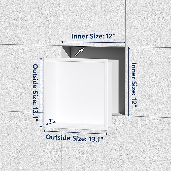 Stainless Steel Shower Niche 12" X 12", No Tile Needed Wall Niche, Recessed Shower Shelf for Bathroom Storage, Matte White