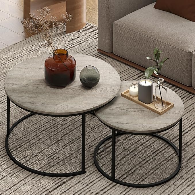 Nesting Tables Set of 2, 31.5" Round Coffee Table, Small Nesting Coffee Table with Adjustable Non-Slip Fee, Wood Grain Top Nesting Tables for Living Room, Bedroom (Wood Grain Grey)