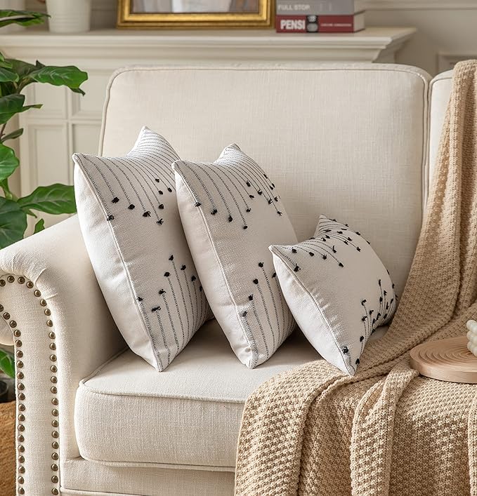 Caflife Boho Throw Pillow Covers 18x18 Set of 2 Decorative Pillows for Bed, Neutral Pillow Covers Beige with Black Line Throw Pillows for Modern Farmhouse Couch Sofa Living Room Outdoor