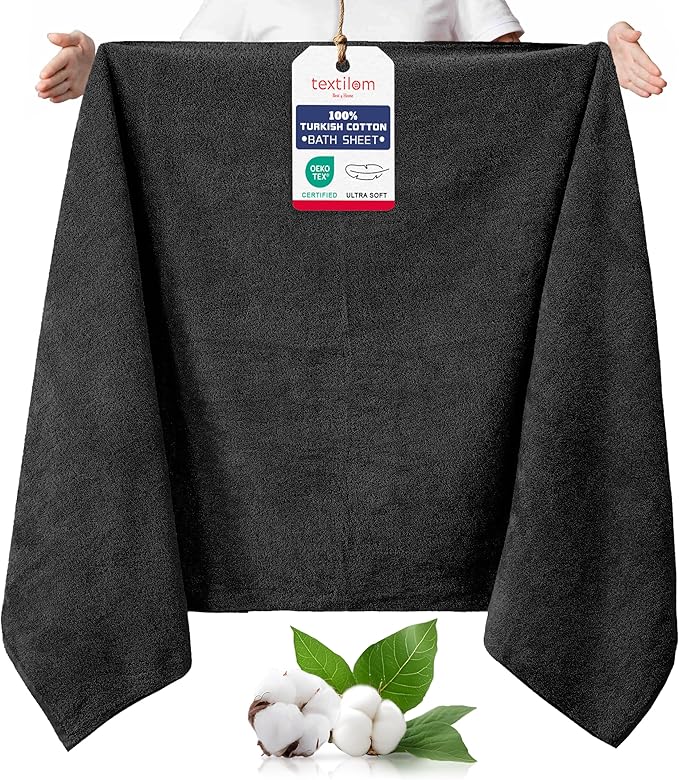 TEXTILOM 100% Turkish Cotton Oversized Luxury Bath Sheets, Jumbo & Extra Large Bath Towels Sheet for Bathroom and Shower with Maximum Softness & Absorbent (40 x 80 inches)- Black