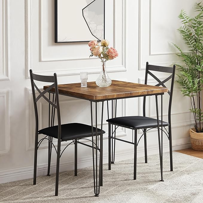 VECELO 3-Piece Dining Room Kitchen Table and Pu Cushion Chair Sets for Small Space, 2, Classic Brown,Dining Set for 2