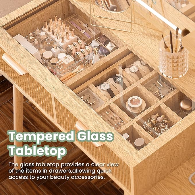 Fluted Makeup Vanity Desk with Mirror and Lights, 5 Drawers Glass Top Makeup Vanity with 4 Storage and 9-Grid Organizer, 3 Color Ribbed Glass Dressing Table with Charging Station, Natural Oak