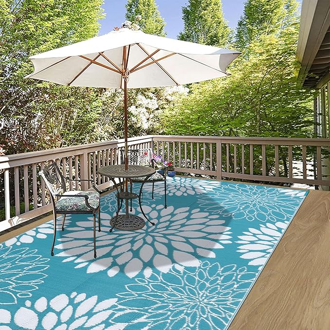 Ileading Reversible Outdoor Rug 5x8Ft Waterproof Patio Rug Carpet Portable Outdoor Plastic Straw Rug Large RV Camping Mat Rug for Patio, Clearance, Deck, Beach, Porch, Camping, Picnic, Flower Teal