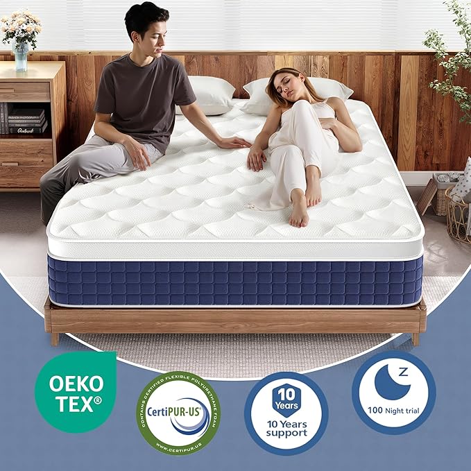 Full Mattress, 12 Inch Hybrid Mattress in a Box, Gel Memory Foam, Individually Wrapped Springs, Medium Firm, Edge Support, Motion Isolation, Pressure Relief, CertiPUR-US Certified, Blue & White