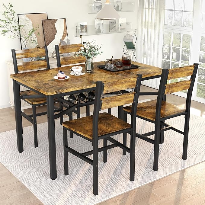 Hooseng Dining Table Set for 4, Wood Kitchen Table Chairs Set with Storage, Farmhouse 5 Piece Dining Room Table Set, Space-Saving Dinette Set for Breakfast Nook, Apartment