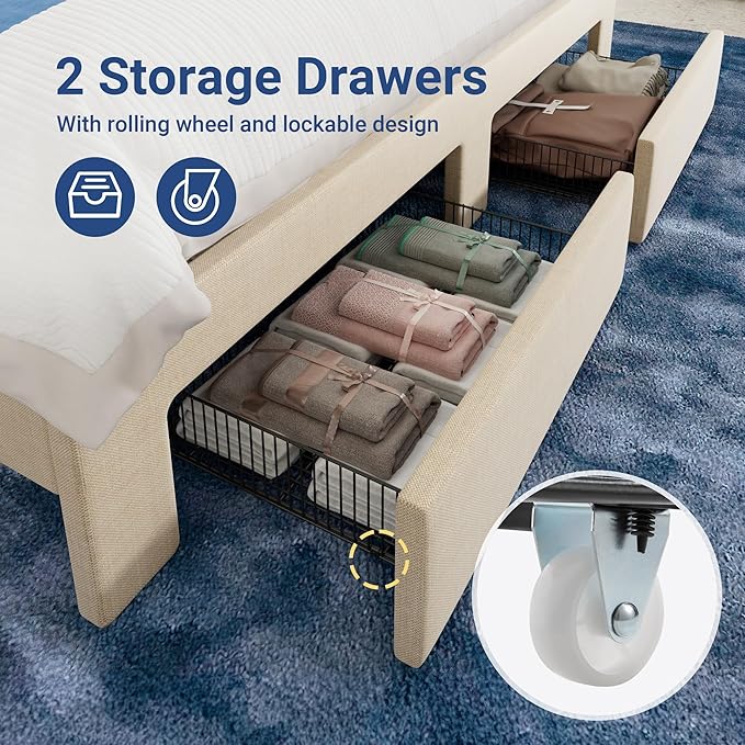 Allewie Vertical Tufted Queen Upholstered Platform Bed Frame with 2-Tier LED Storage Headboard & 2 Storage Drawers, USB & Type-C Charging Ports, Noise-Free/No Box Spring Needed, Beige