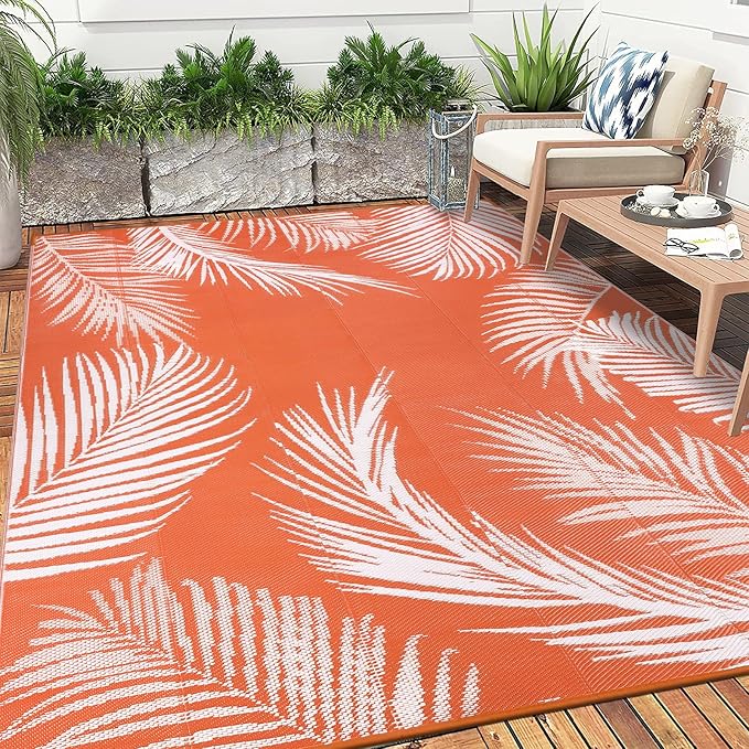 Pauwer Waterproof Outdoor Rug 8x10, Reversible Plastic Straw Patio Camping Rug, Indoor Outdoor RV Mat Carpet for Deck, Camper, Porch, Balcony, Backyard, Picnic, Leaf Orange