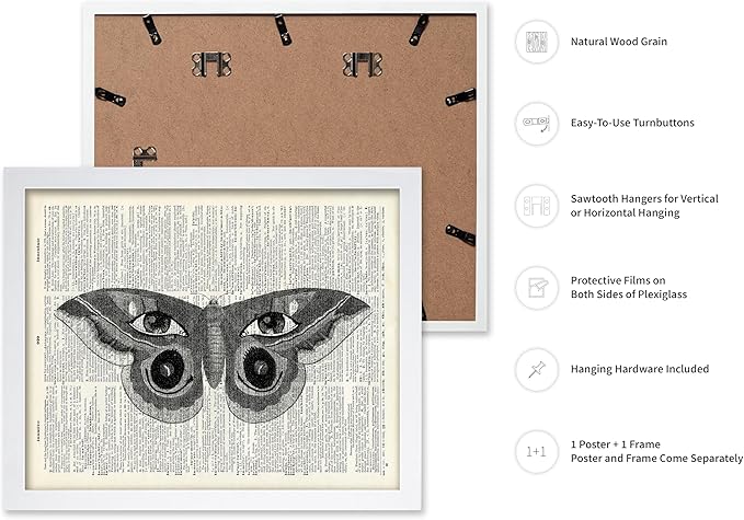 Poster Master Dictionary Art Poster - Butterfly Print - Eyes on Wings Art - Insect Art - Gift for Men, Women & Animal Lover - Gothic Decor for Living Room, Bedroom or Dorm, 16x20 White Framed