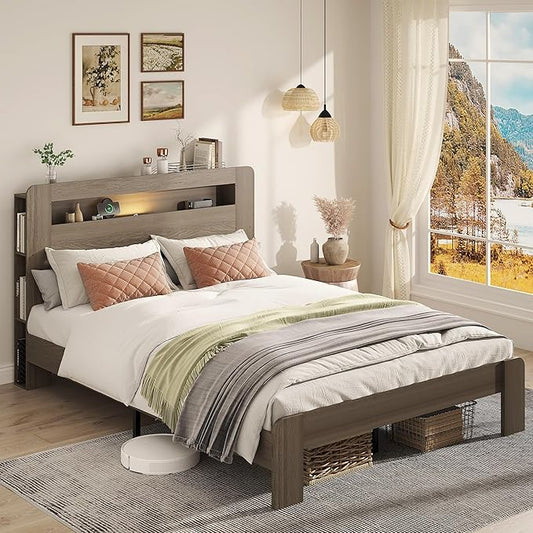 Wooden Bed Frame Queen Size with Storage Headboard - Farmhouse Platform Bed Frame with Bookcase Shelf & Led Lights, Sturdy Wood Slat Framework Bed Frame (Light Brown LED)