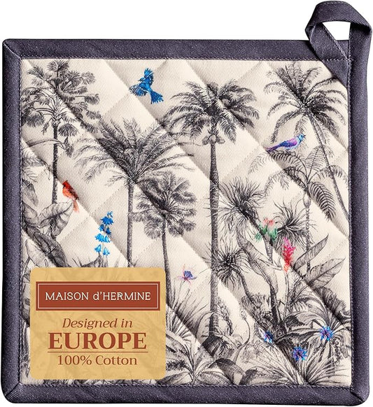 Maison d' Hermine Pot Holders 100% Cotton Heat Resistant Potholders 8" x 8" Hot Pads with Loop for Thanksgiving Christmas Decorations BBQ Cooking Baking Handling Hot Pans (Pack of 1, Amazonia)