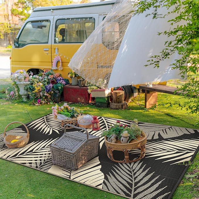 GENIMO Outdoor Rug 5' x 8' Waterproof for Patios Clearance, Reversible Outdoor Plastic Straw Camping Rug Carpet, Large Area Rugs Mats for RV, Picnic, Backyard, Deck, Balcony, Porch, Beach, Black&Beige