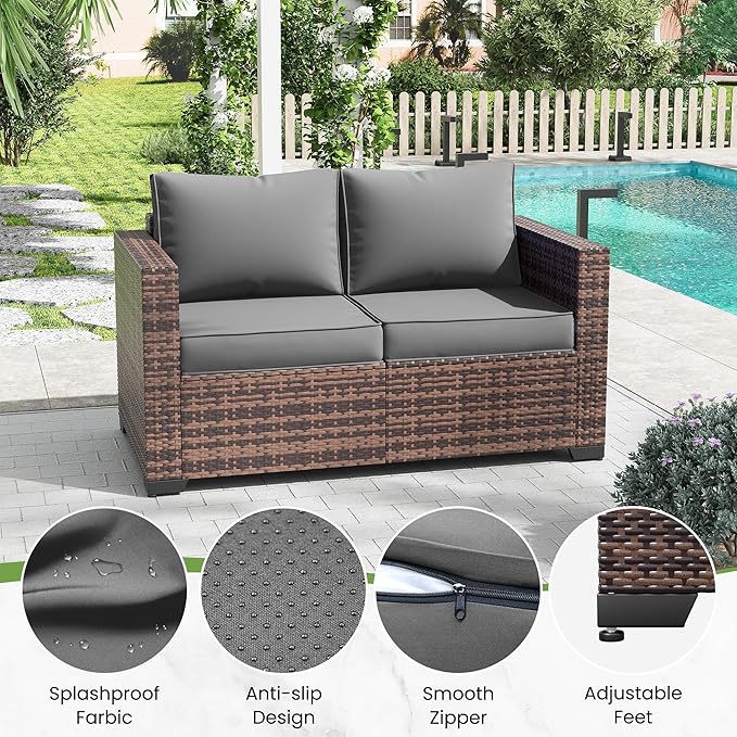 Amopatio Patio Loveseat, Outdoor Furniture 2-Seat Wicker Porch Furniture Outdoor Couch Sofa with Water-Resistant Cover & Non-Slip Cushions, Premium Patio Set, Gray