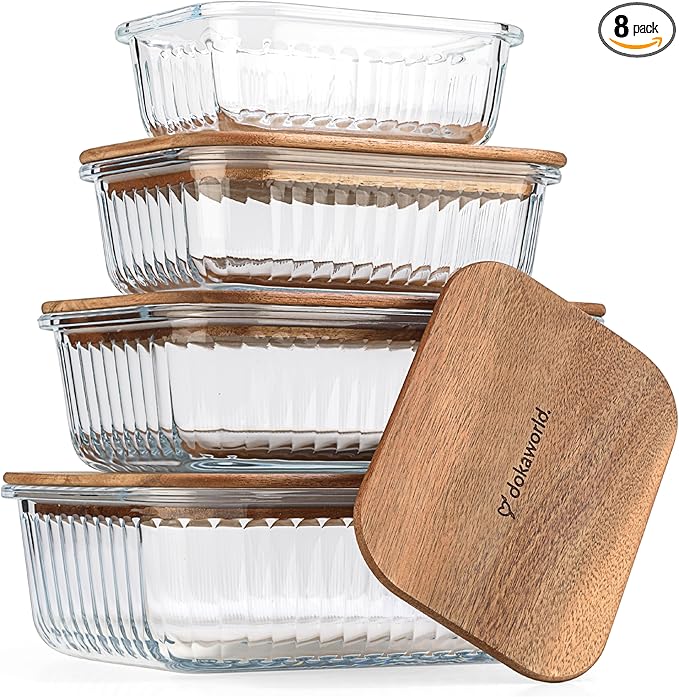 Set of 4 Stackable Space-Saving Nesting Glass Bowls with Airtight Acacia Lids for Lunch, Meal & Food Prep - Microwave & Oven-ready BPA Free Durable Heat Resistant Inert Borosilicate Glass