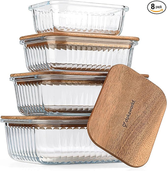 Set of 4 Stackable Space-Saving Nesting Glass Bowls with Airtight Acacia Lids for Lunch, Meal & Food Prep - Microwave & Oven-ready BPA Free Durable Heat Resistant Inert Borosilicate Glass