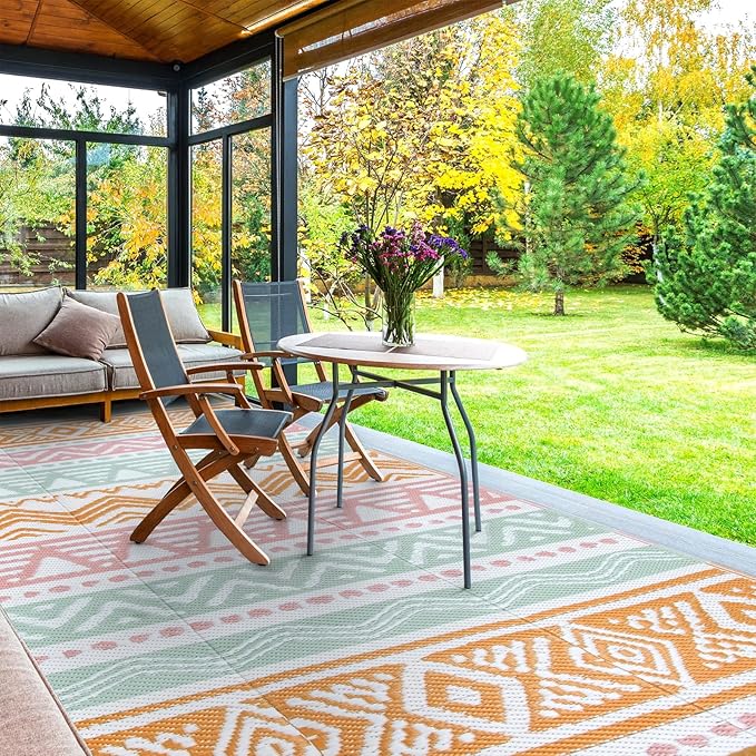 Lahome Waterproof Outdoor Rug 6x9, Reversible Outdoor Plastic Straw Rug for Camping, Large RV Outdoor Patio Rug, Outdoor Rugs Carpet for Porch Deck Backyard Balcony Picnic(Pink/Orange,6'x 9')