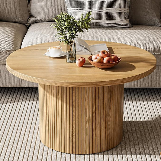 Round Coffee Table with Metal Frame, 35" Coffee Tables for Living Room, Circle Wood Accent Center Table for Apartment, Oak