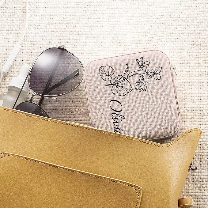 Personalized Jewelry Boxes for Women, Custom Travel Jewelry Case with Name and Birth Flower Month, Portable Jewelry Box Organizer for Mom Birthday Gifts (Non-Customized pink)