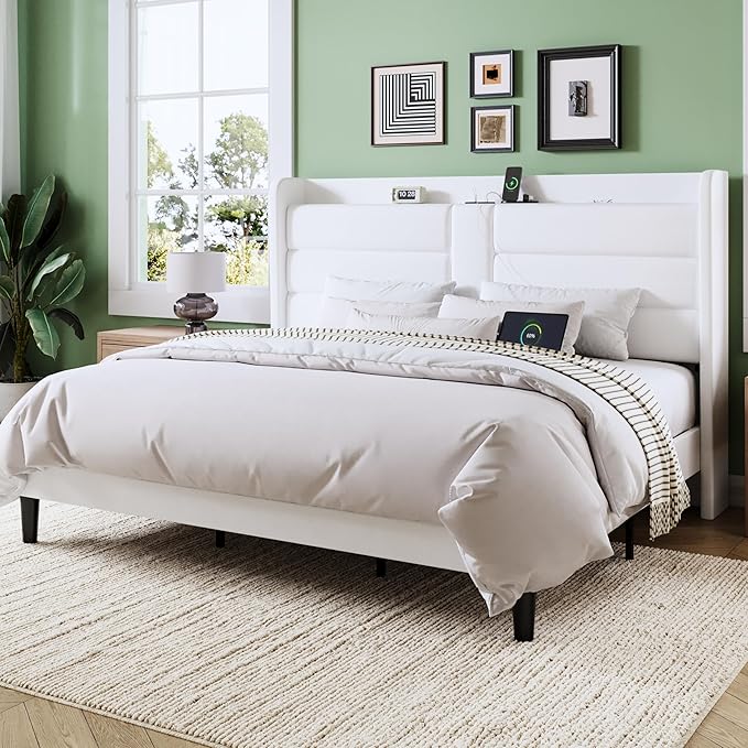 Allewie King Size Platform Bed Frame with Charging Station & Storage Headboard, Upholstered Velvet Wingback Design & USB Port, Strong Wooden Slats Support, No Box Spring Needed, Easy Assembly, White