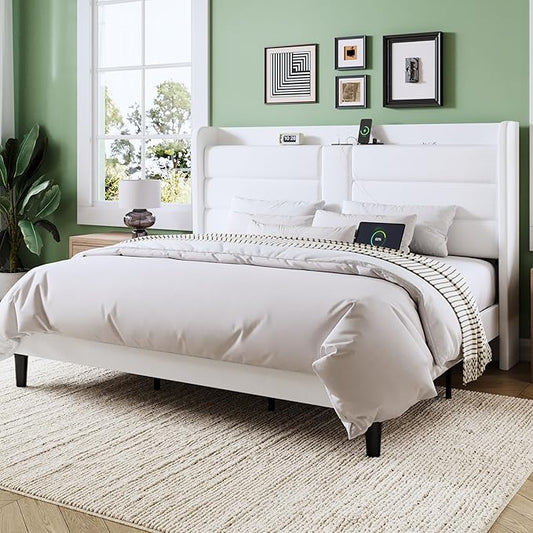Allewie King Size Platform Bed Frame with Charging Station & Storage Headboard, Upholstered Velvet Wingback Design & USB Port, Strong Wooden Slats Support, No Box Spring Needed, Easy Assembly, White