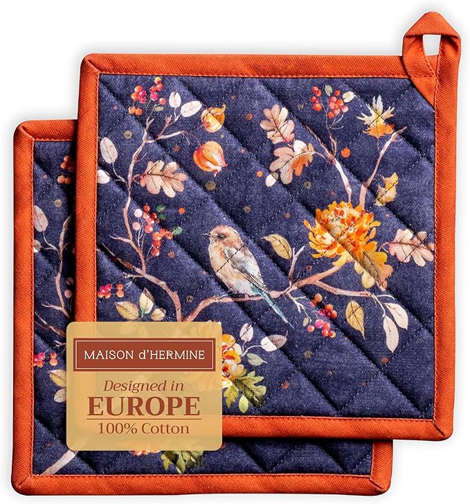 Maison d' Hermine Pot Holders Set 100% Cotton Heat Resistant Potholders 8" x 8" Hot Pads with Loop for Thanksgiving Christmas Decorations BBQ Baking Handling Hot Pans (Pack of 2, Kelim - Infinity)