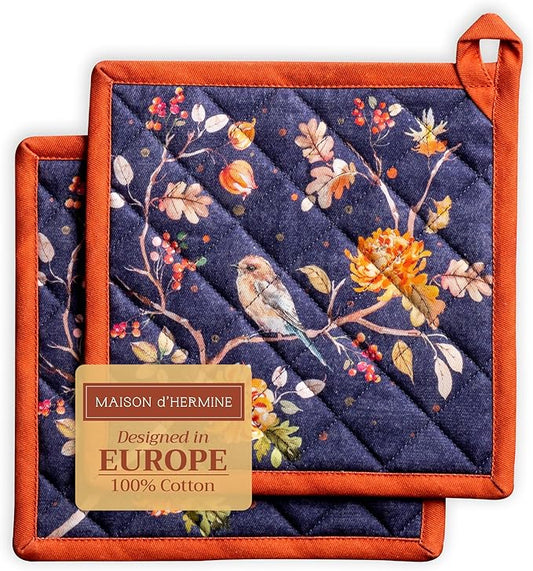 Maison d' Hermine Pot Holders Set 100% Cotton Heat Resistant Potholders 8" x 8" Hot Pads with Loop for Thanksgiving Christmas Decorations BBQ Baking Handling Hot Pans (Pack of 2, Kelim - Infinity)