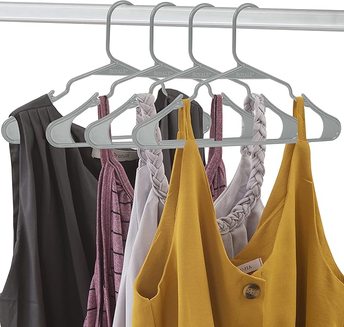 Royale Linens 20 Pack Grey Plastic Hangers for Clothes - Heavy Duty Clothes Hanger for Everyday Use - Lightweight & Space Saving Notched Plastic Hangers