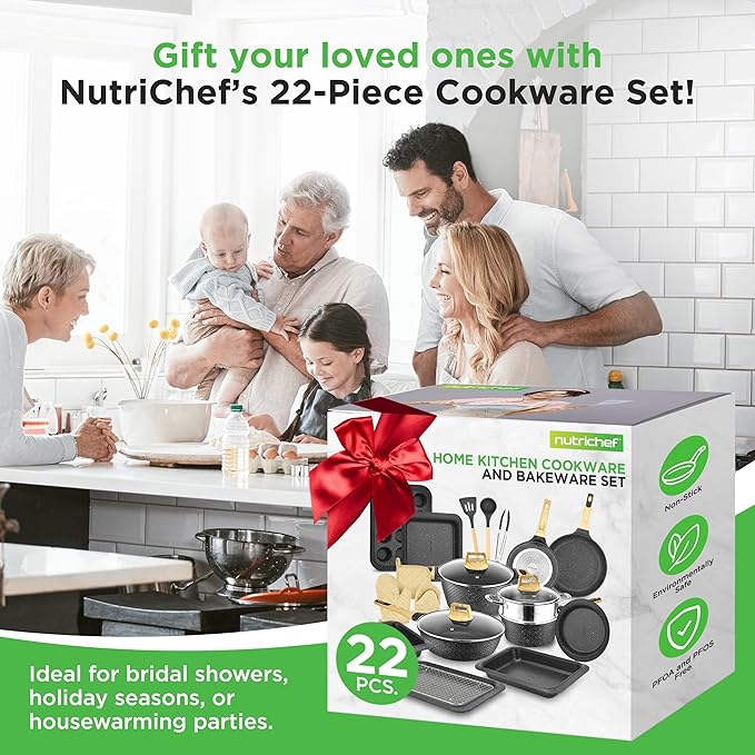NutriChef 22-Piece Black Marble Non-Stick Cookware and Bakeware Set - Professional Home Kitchen Collection with Multi-Sized Pots, Pans, and Heat-Resistant Tools