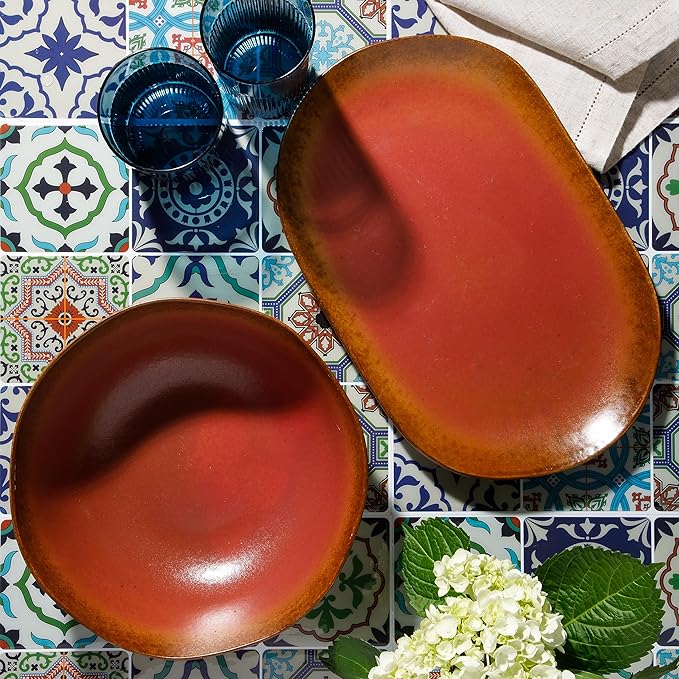 Bloomhouse Palermo Sun 2 Piece Serving Bowl and Oval Platter Stoneware Reactive Glaze Serveware Set - Paprika Red