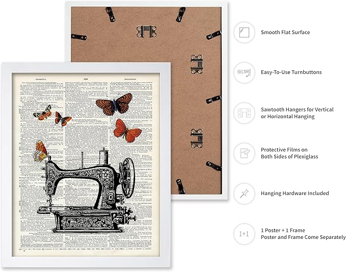 Poster Master Dictionary Art Poster - Sewing Machine Print - Sewing Art - Butterfly Art - Gift for Men, Women & Dressmaker - Chic Decor for Living Room, Bedroom or Office, 8x10 White Framed
