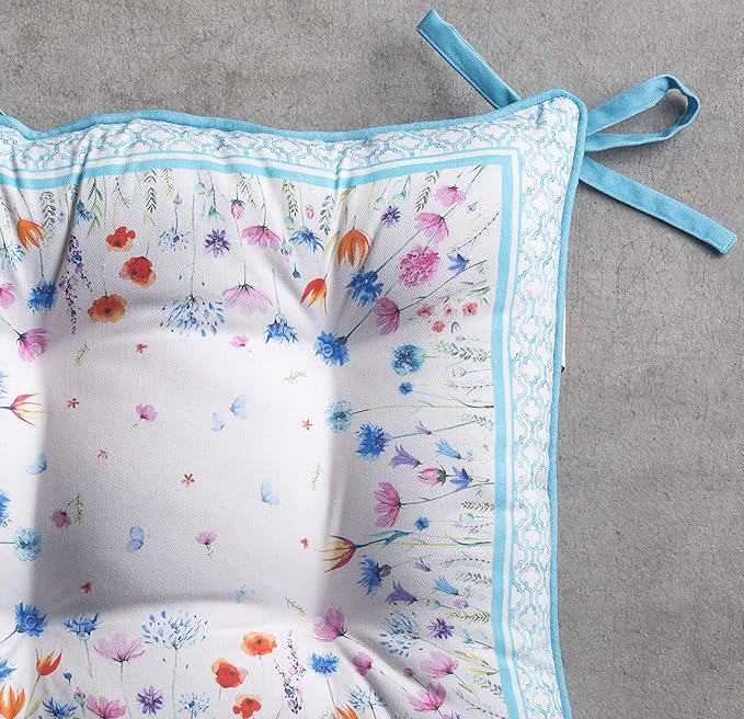 Maison d' Hermine Chair Pads for Dining Chairs Cotton Outer Fabric and Poly Filling 16"x16" Patio Seat Cushions for Furniture with Ties Home Chair Party Hall Farmhouse (Flower In The Field, Pack of 2)