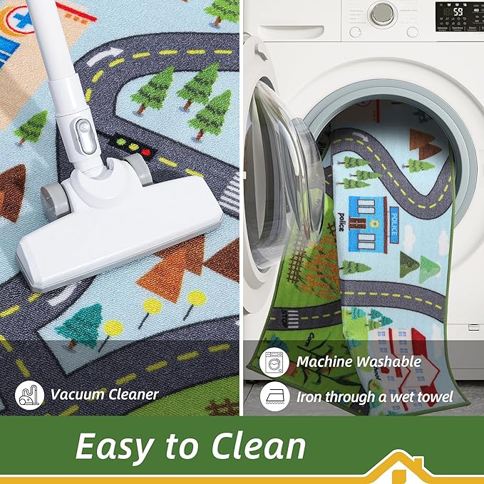 BEQHAUSE Kids Rug City Life, 32”x60” Educational Road Traffic Kids Rug, Non Slip Washable Play Mat Carpets for Children's Bedroom Playroom Nursery Room Decor